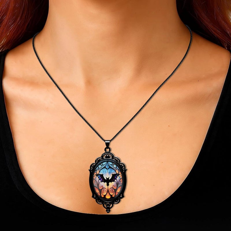 DAYANEY Gothic Necklace, Witch Raven Locket Necklace as Goth Accessories for Witch Costume Jewelry for Women, Bat Pendant Rose Vampire Jewelry as Valentines Outfit Party Gifts - Image 1